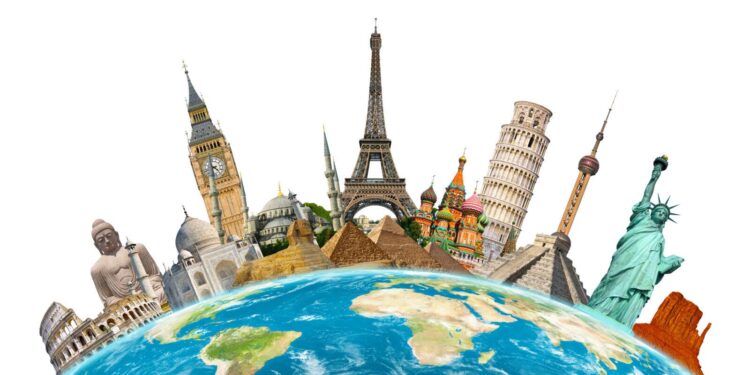 Famous monuments of the world grouped together on planet Earth