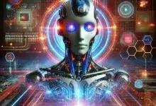 DALL·E 2024 06 20 21.48.56 A visually stunning depiction of AI technology. The image features a sleek futuristic robot with intricate details illuminated with vibrant neon lig